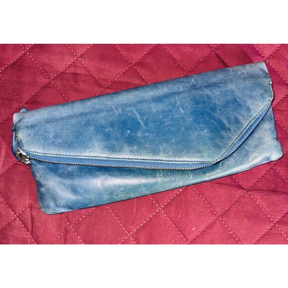 HOBO INTERNATIONAL Distressed Slate Blue Leather Fold Over Clutch - Picture 1 of 7